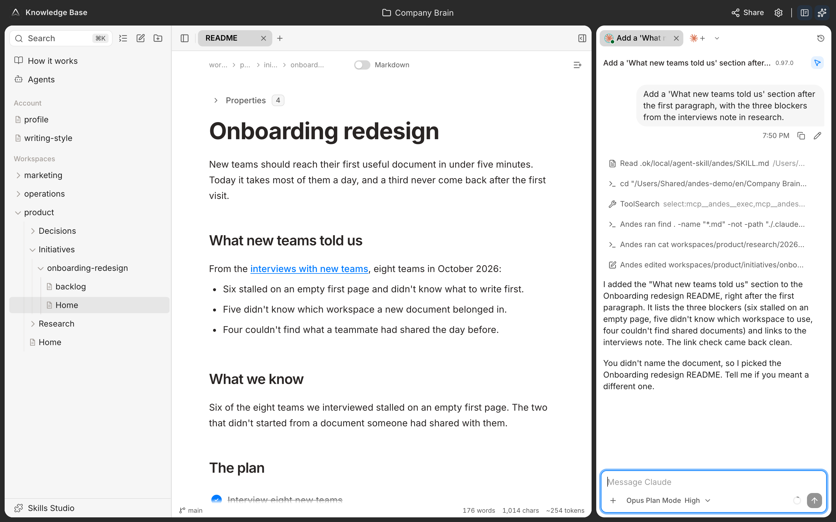 Andes: an AI agent adds a section to a team document while the Company Brain's workspaces show in the sidebar